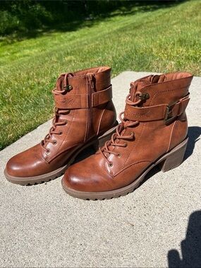 Frye and Co. Women’s Brown Faux Leather Lace-Up Zip Ankle Boots with Buckle 11M